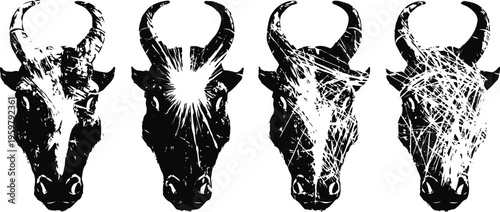 Abstract black and white buffalo skull designs with artistic scratch and sunburst effects