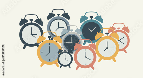 A vibrant cluster of colorful alarm clocks illustrating time management and deadlines