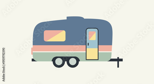 Minimalist Illustration of a Colorful Retro Travel Trailer on a Light Background