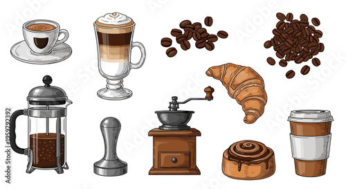 Breakfast and Espresso Set Delicious Morning Meal with Hot Drink Elements