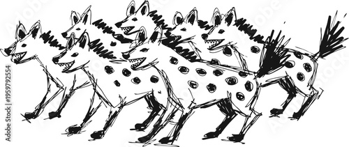 group of playful spotted dogs running together with wagging tails in lively motion sketch