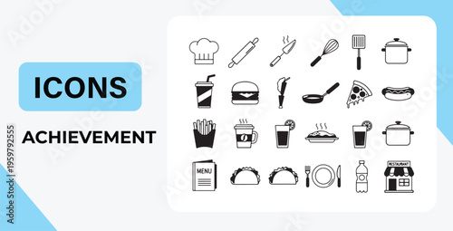 Collection of black and white restaurant food icons on white background
