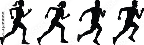 Silhouettes of four individuals running in different postures, showcasing dynamic movement, athletics, fitness, and human motion design for sports and artistic reference