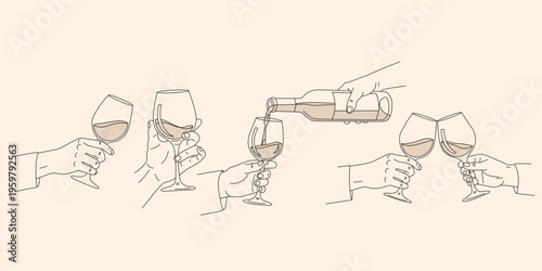 Line drawing of hands holding wine glasses and pouring wine from a bottle