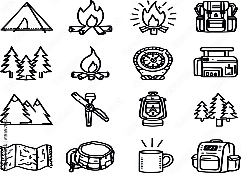 Fototapeta premium Hand drawn camping icons bundle set in doodle style,