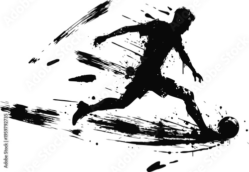 Dynamic soccer player silhouette kicking ball with grunge paint splash effect in motion