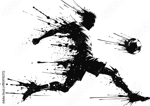 Dynamic soccer player silhouette kicking ball with motion splash effect in black and white
