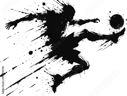 silhouette of soccer player kicking ball dynamic goal shooting pose with paint splatter artistic effect