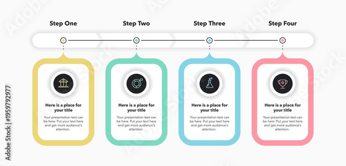 Horizontal process flow diagram with four steps. Flat presentation template with minimalistic icons for data visualization.