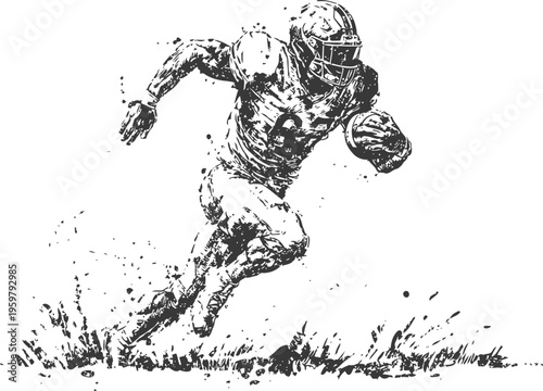 Dynamic american football player running on field with ball, intense sports action silhouette