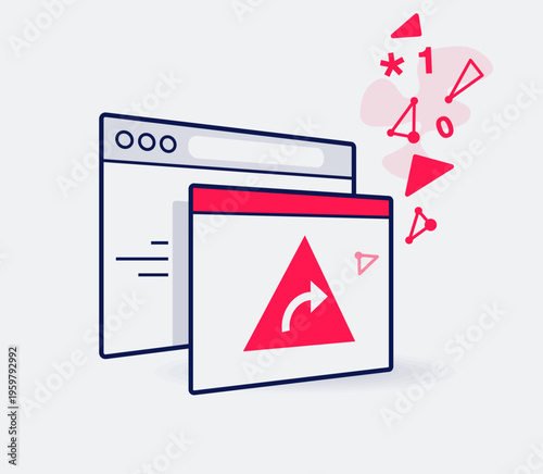 Pharming attack symbol with web browser window where the user is redirected from legitimate websites to fraudulent ones. Easy to use for your website or presentation.