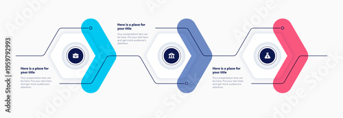 Minimalist and modern arrow infographic process template with three steps. Flat presentation diagram with icons for workflow layout, banner or web design.
