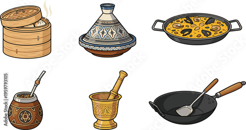A collection of kitchen utensils and cookware on display includes steamer baskets, a tajine, a paella pan, a mate gourd, a mortar, and a skillet.