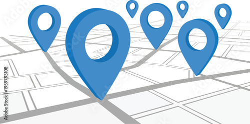 Blue location pin icons scattered across a stylized city map illustration on a white background.