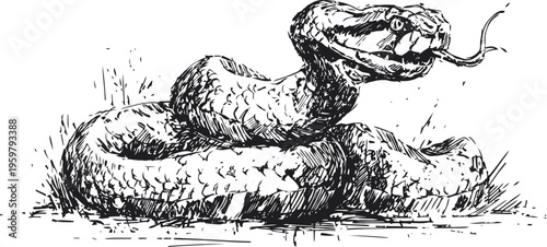 Coiled rattlesnake with forked tongue extended, detailed hand drawn black and white illustration