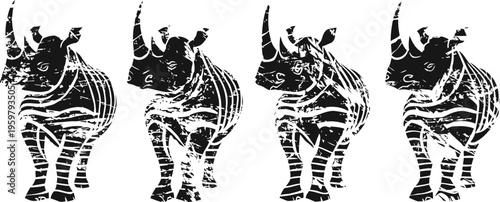 four stylized black and white rhinoceros figures with abstract striped patterns, front and side views