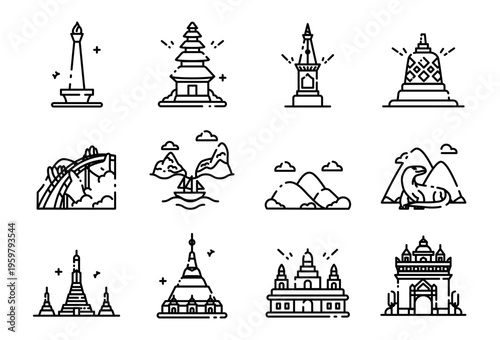 Set Icon Southeast Asia Famous Landmarks Line Style Vector Illustration