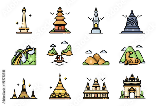 Southeast Asia Landmark Icon Set - Travel and Tourism Vector Illustration