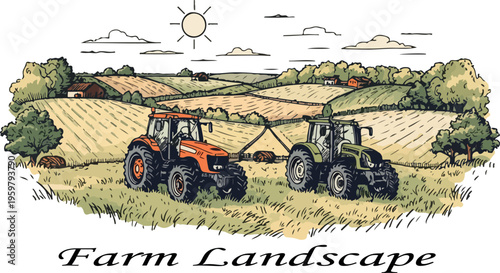 Red farm tractor working in a green agricultural field with farming machinery and rural landscape