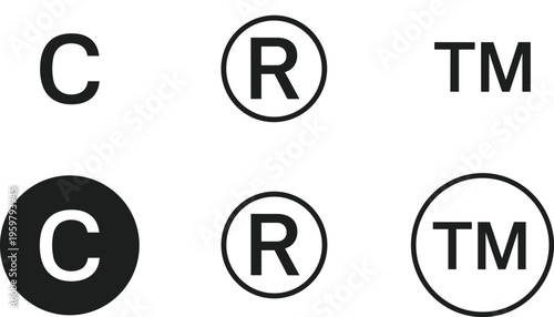 copyright trademark registered symbols, legal icons set, intellectual property signs, branding marks, protection labels, black vector illustration, business identity elements