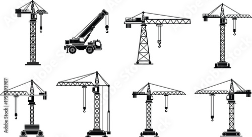 crane, construction, equipment, silhouette, tower, lifting, machinery, industrial, building, heavy, engineering, load, hook, transport, site, infrastructure, industry, vehicle, hoist, operation