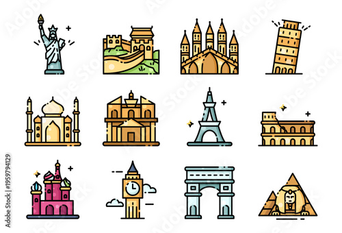World Famous Landmarks and Travel Destinations Icon Set Fill Cut Style Vector Illustration