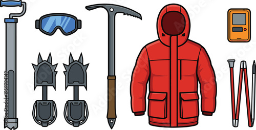 Climbers prepare gear for mountain ascent with jacket and tools