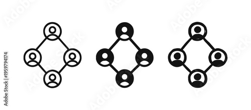 Social Network Connection Diagram Icons. People Group Linkage Illustration Set in Line, Solid, and Hand-Drawn Styles.