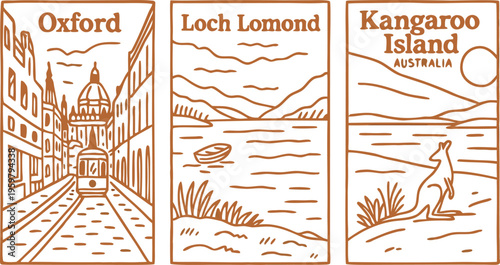 Vintage travel posters of Oxford, Loch Lomond, and Kangaroo Island in terracotta line art style