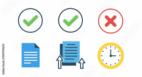 icons for approved, rejected, document upload, and clock.