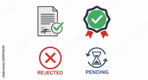 Rejected pending approved icons set.