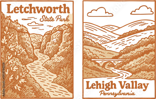 Letchworth State Park and Lehigh Valley Pennsylvania retro travel poster vector illustration