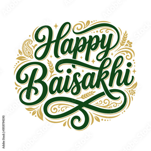 Happy Baisakhi Typography Decorative Floral Design. Harvest Festival Greeting Card Vector Illustration