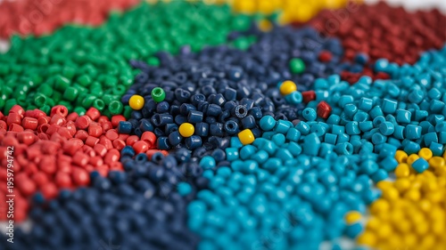 Colorful plastic granules texture background with vibrant multicolor pellets pattern in industrial material concept