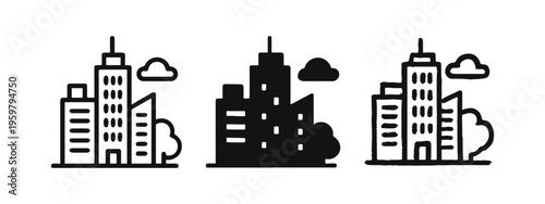 Cityscape and Urban Buildings Icon Set. Modern City Skyline with Nature Elements in Line, Solid, and Hand-Drawn Styles.