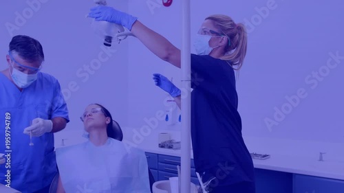 Animation of pattern and purple tint over patient in dentist chair and dentists