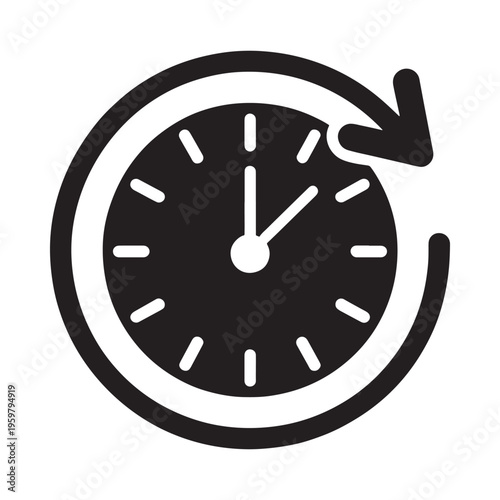 Simple black and white icon of a clock with a circular arrow