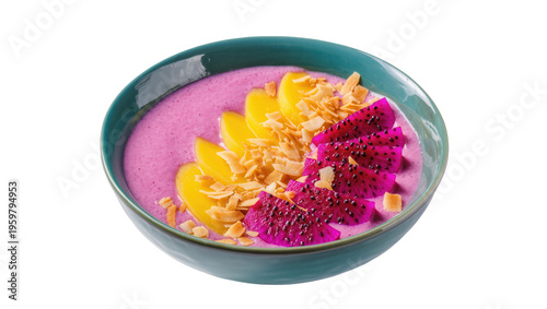 Vibrant smoothie bowl topped with fresh mango, dragon fruit, and toasted coconut flakes