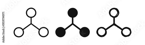 Simple Network Connection Diagram Icons. Three-Node Hub and Spoke Structure in Line, Solid, and Hand-Drawn Styles.