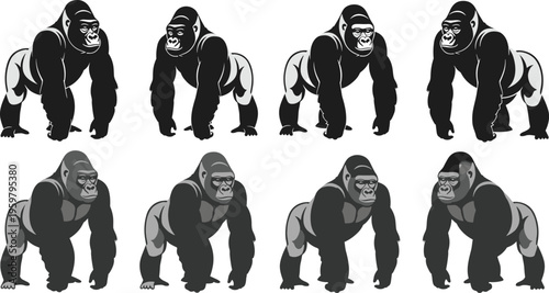 Gorilla silhouette set, strong wild animal vector, black ape illustration collection, powerful primate poses, wildlife design elements isolated background