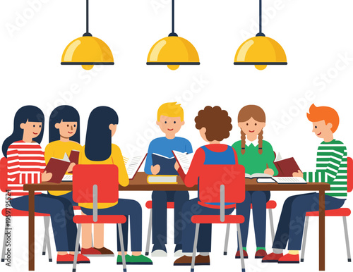 Group of students studying together, classroom teamwork learning, kids reading books, education concept, school activity, collaborative study illustration, flat design