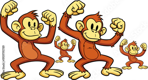 Cartoon monkeys, dancing monkeys, monkey illustrations, vector primates
