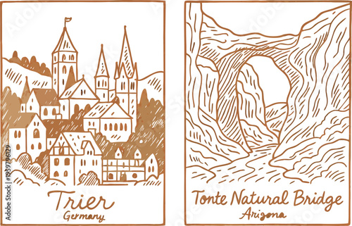 Quadro em tela Vintage travel posters showcasing Trier Germany cityscape and Tonto Natural Brid
