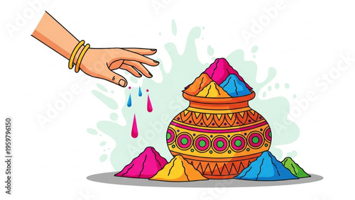 A hand pouring colorful powders from a decorative pot on a plate on a colorful background