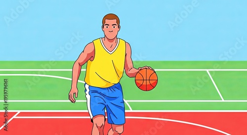 Male basketball player dribbling on outdoor court in summer  