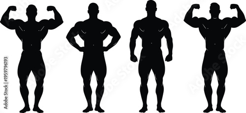 bodybuilder silhouette set, muscular male poses, fitness athlete, strong physique, gym training concept, black shadow figures, bodybuilding illustration, strength workout