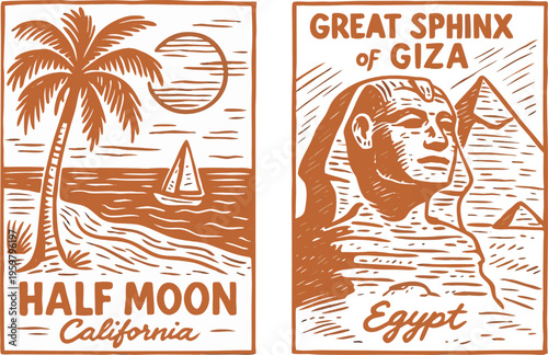 Vintage Travel Postcards: California Beach & Great Sphinx of Giza Egypt, Flat Design Vector