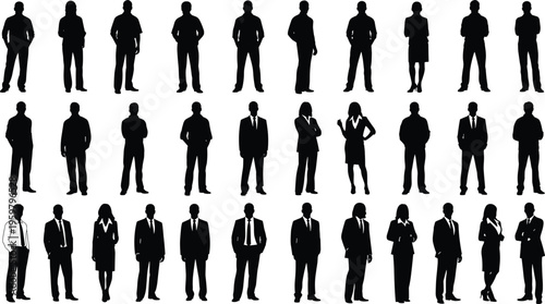 business people silhouettes, professional team, men women standing, corporate figures, black shadow collection, office workers, vector illustration, diverse poses set