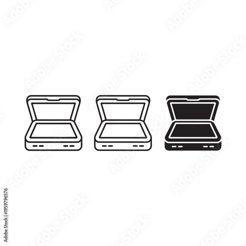 Three black and white icons depicting a clamshell style portable media player
