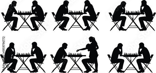 Chess players silhouette set, people playing chess at table, strategy game scenes, competition concept, black isolated figures illustration collection